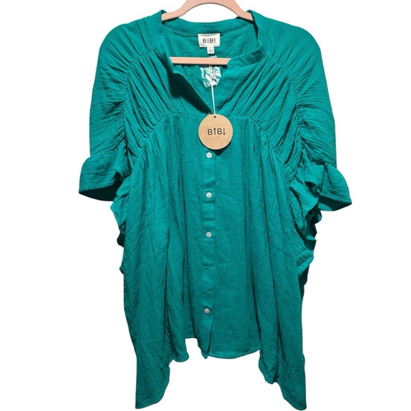 BiBi Kelly Green Button-Up Cotton Blouse NWT Size L - Picture 2 of 9